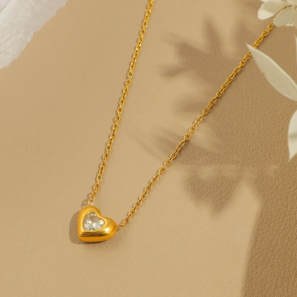INS3054-MAX + STONE Mini Solid 14k Yellow or White Gold Bezel Set Gemstone Heart Pendant Necklace for Women with Spring Ring Clasp 5mm Birthstone Necklace