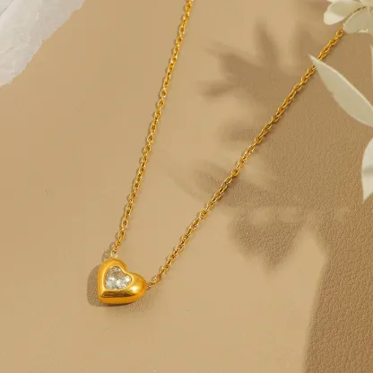 INS3054-MAX + STONE Mini Solid 14k Yellow or White Gold Bezel Set Gemstone Heart Pendant Necklace for Women with Spring Ring Clasp 5mm Birthstone Necklace