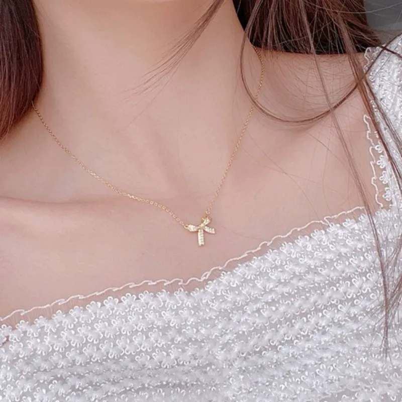 INS3220-Gold Necklace for Women, 14K Gold Plated Bow Necklace Butterfly Choker Necklace,，Fashion Jewelry Gifts for Women