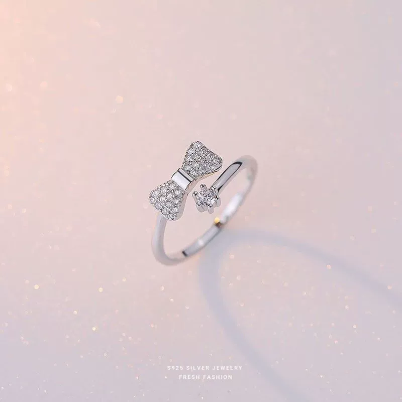INS1057-Sparkly Rhinestone Bow Knot Statement Ring for Women S925 Sterling Silver Bows Cubic Zirconia Open Engagement Rings Wrap Finger Band Anniversary Fashion Jewelry