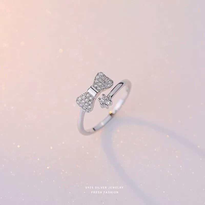 INS1057-Sparkly Rhinestone Bow Knot Statement Ring for Women S925 Sterling Silver Bows Cubic Zirconia Open Engagement Rings Wrap Finger Band Anniversary Fashion Jewelry