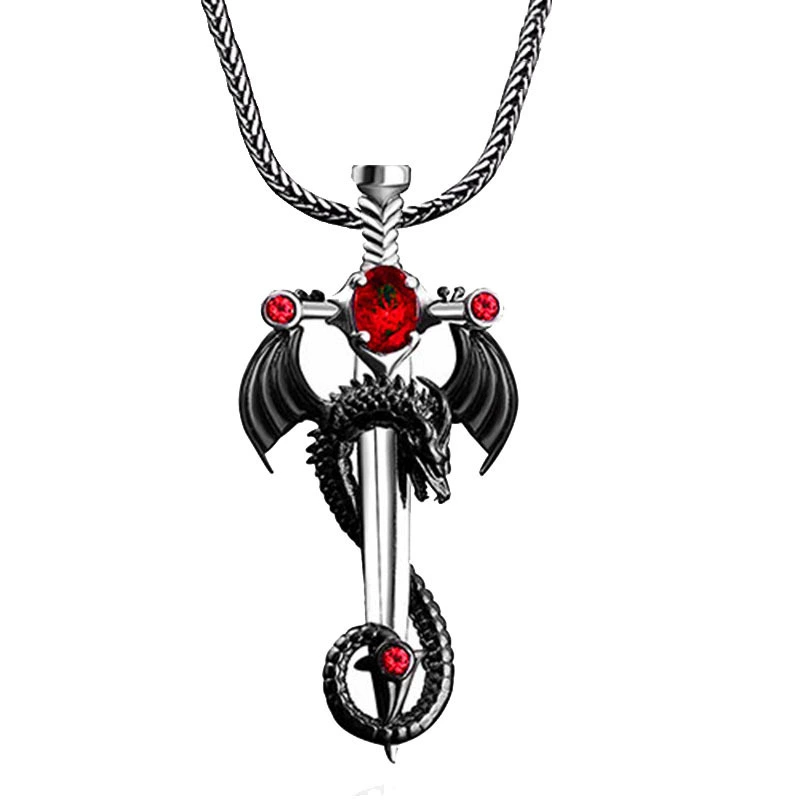 INS3117-FUTIMELY Gothic Dragon Sword Cross Pendant Necklace - Punk Zircon Dragon Pendant - Vintage Wrapped Sword - Dark Gothic Jewelry for Men & Women