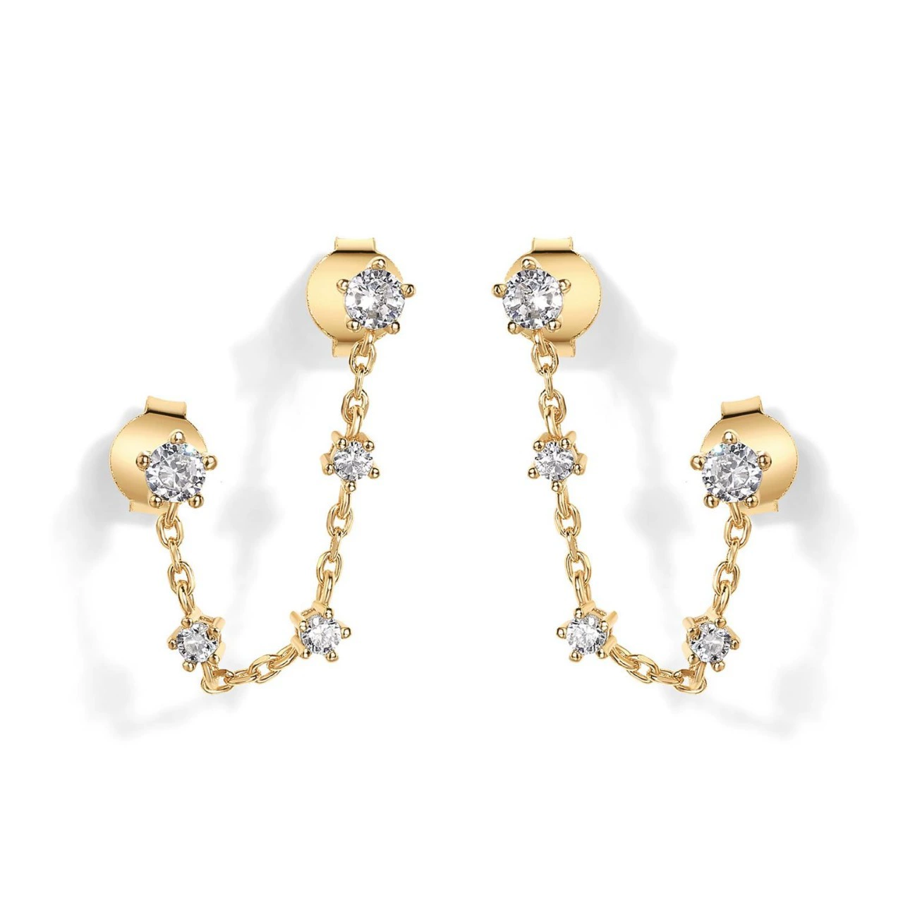 INS2003-PAVOI 14K Gold Plated Delicate CZ Chain Earrings for Women - Double Piercing Dangle Chain Studs - Cubic Zirconia Earscapes