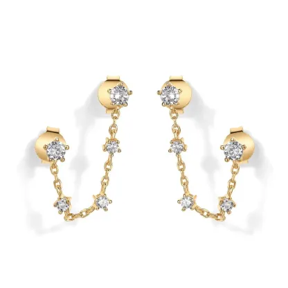 INS2003-PAVOI 14K Gold Plated Delicate CZ Chain Earrings for Women - Double Piercing Dangle Chain Studs - Cubic Zirconia Earscapes