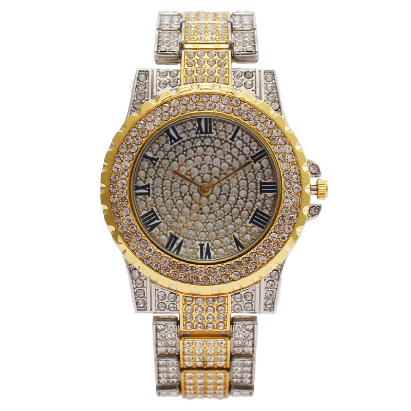 W-2046-JewelryWe Men Watches Gold Tone Alloy Quartz Watch Stylish Rhinestone Business Casual Dress Wristwatches