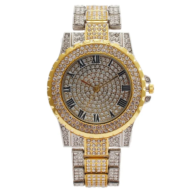 W-2046-JewelryWe Men Watches Gold Tone Alloy Quartz Watch Stylish Rhinestone Business Casual Dress Wristwatches