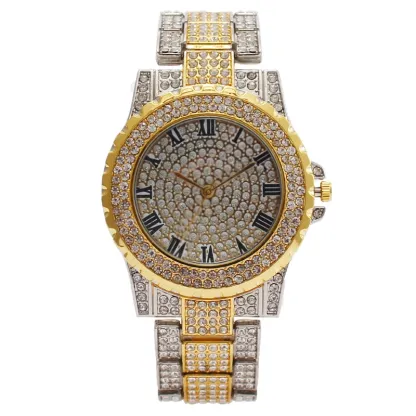 W-2046-JewelryWe Men Watches Gold Tone Alloy Quartz Watch Stylish Rhinestone Business Casual Dress Wristwatches