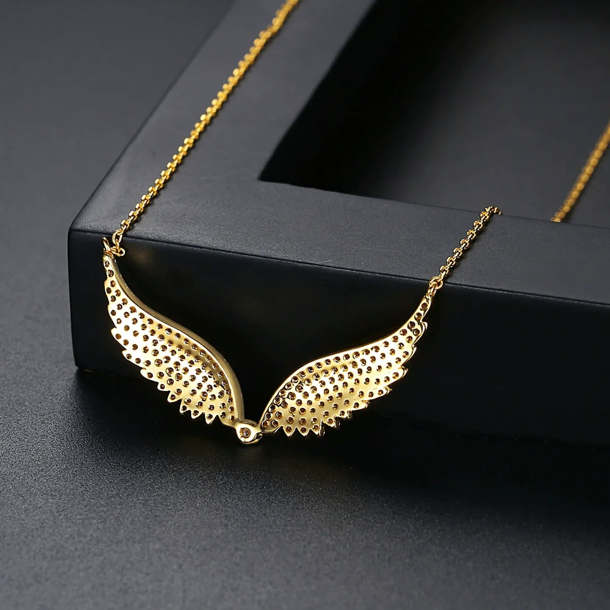 INS3155-14K Gold Wing Pendant Necklace, Micro-Pave Moissanite Angel Wing Chain Jewelry for Women