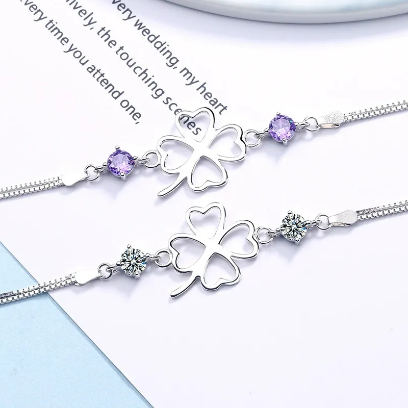 INS4006-925 Sterling Silver Good Luck Bracelet for Women 4 or 5 Leaf Clover Shamrock Flower hollow Cubic Zircon Bracelet