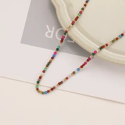 INS3011-KissYan Beaded Choker Necklace for Women, Colorful Natural Gemstones Pearl Choker 14K Gold Plated Pendant Healing Crystal Necklace Handmade Stone Jewelry Gift