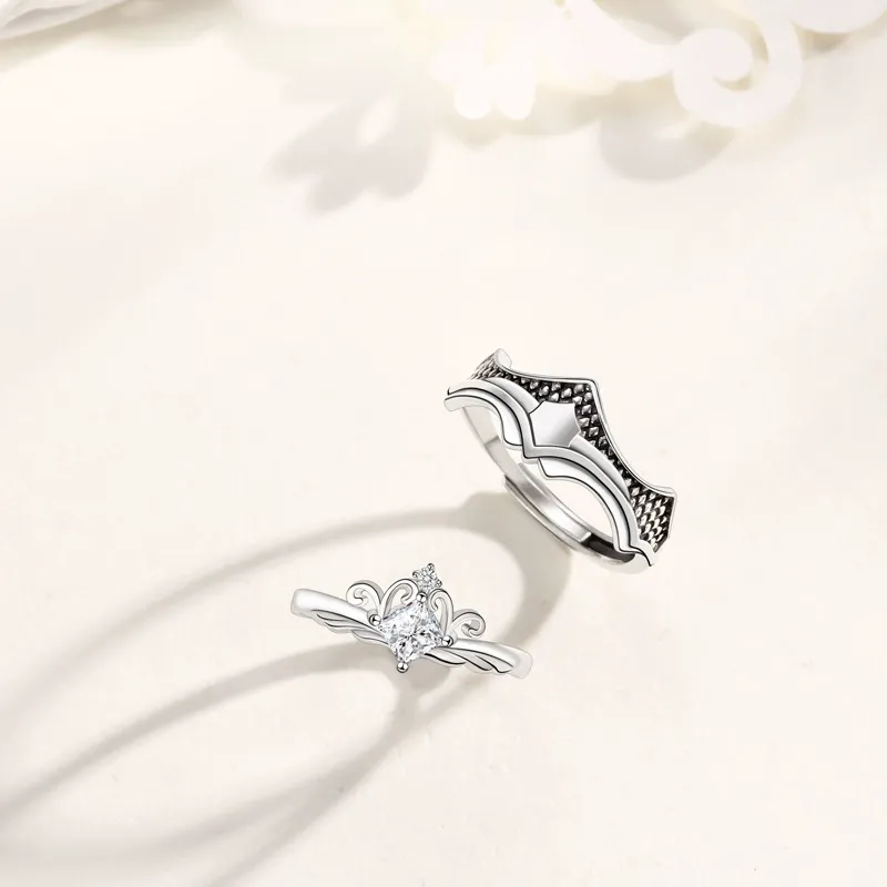 INS1207-Princess and Knight Crown Couples Matching Rings Promise Ring with Moonstone for Women, Men, Her, Him, Best Friend - Set of 2 Adjustable Rings