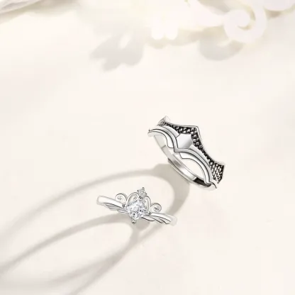 INS1207-Princess and Knight Crown Couples Matching Rings Promise Ring with Moonstone for Women, Men, Her, Him, Best Friend - Set of 2 Adjustable Rings
