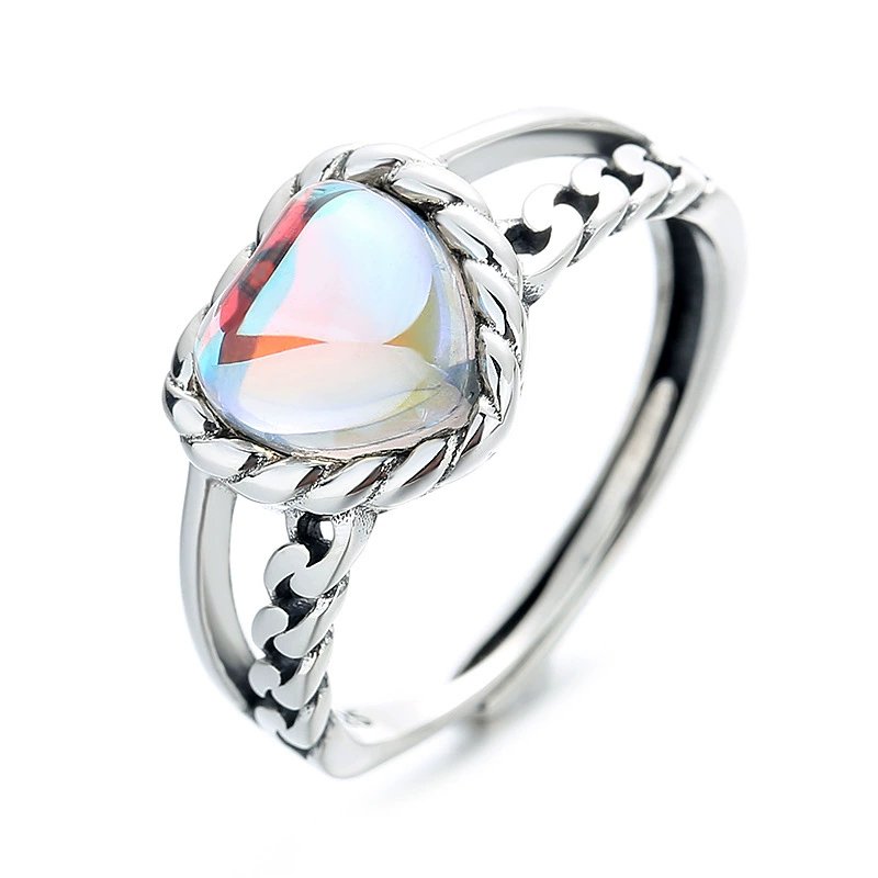 INS1055-925 sterling silver mysterious seven color gemstone Topaz women's heart-shaped personality mysterious rainbow simulation yellow jade heart-shaped cubic zirconia ring