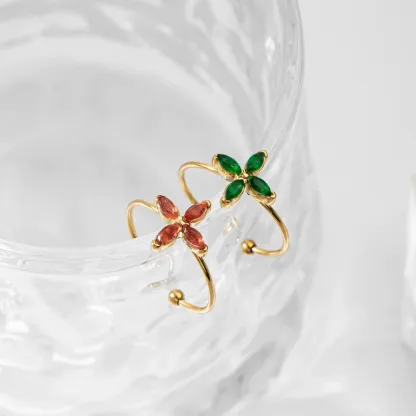 INS1065-14K Gold Plated Adjustable Open Emerald Cubic Zirconia Rings Green Zircon Four Leaf Clover Stacking Non Tarnish Rings Statement Wedding Bands for Women