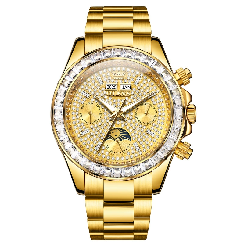 W-1003-Men's Luxury Watch Gold Diamond Automatic Mechanical with Date Moon Phase Stainless Steel Luminous Waterproof Business Wristwatch-Men