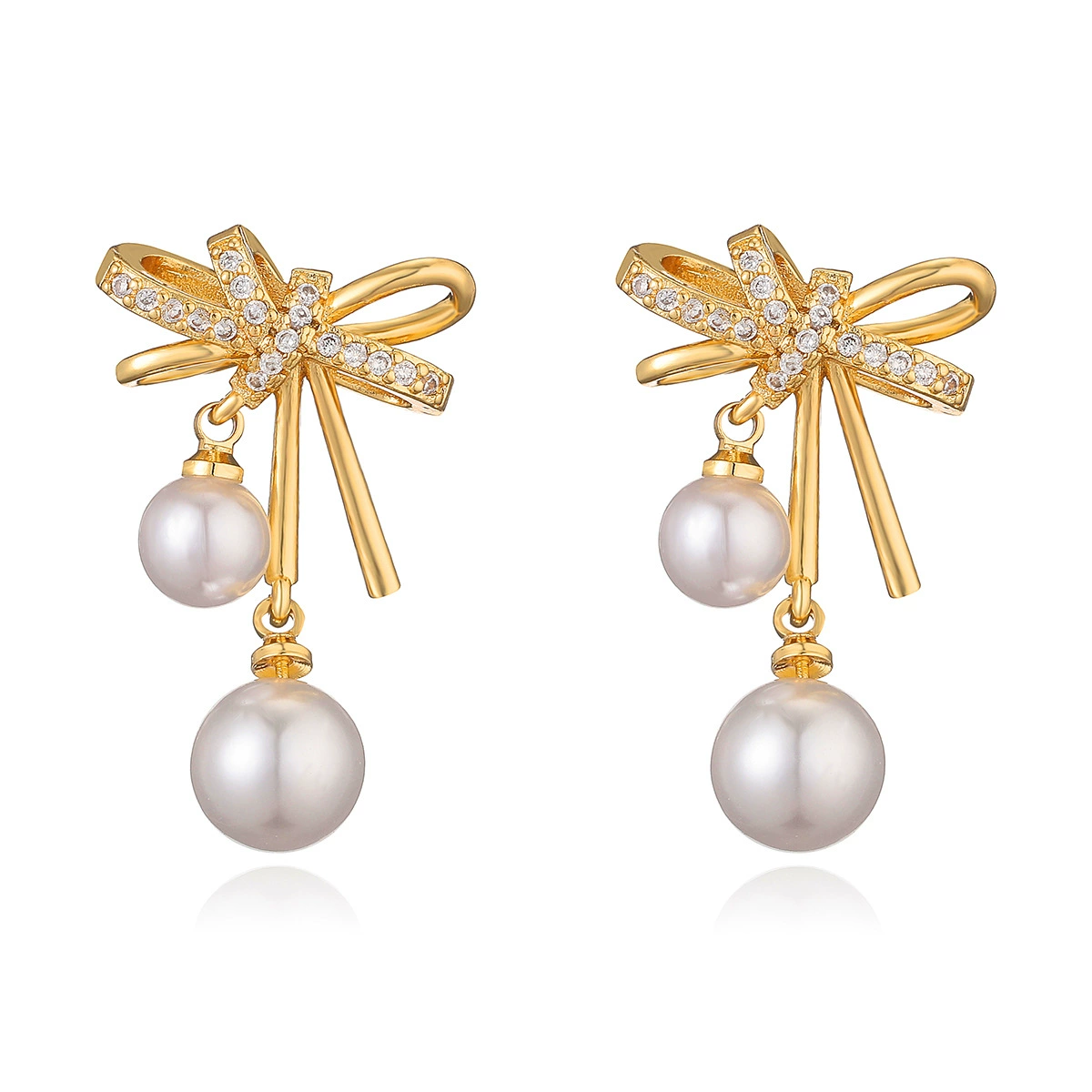 INS2173-Bow Earrings for Women Gold Earring Pearl Twist Rope Bow Stud Pearl Cubic Zirconia Earrings Rhinestone Stud Trendy Sparkly Gem Earring Pearl Dangle Earrings Anniversaries Valentine’s Jewelry Gift