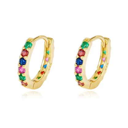 INS2301-Sterling Silver Full Eternity Rainbow Paved CZ Huggie Hoop Cuff Earrings 3 Tones 9.5mm Inside Diameter Rhodium/Rose Gold/14K Gold