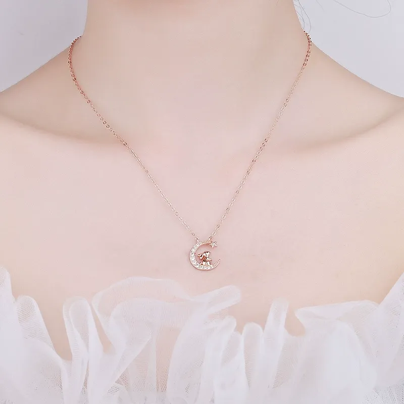 INS3120-Ornaland Chinese Zodiac Necklace 925 Sterling Silver Rose Gold Pendant Charm Necklace Zircon Moon and Star Necklace Cute Animal Jewelry Gifts for Women