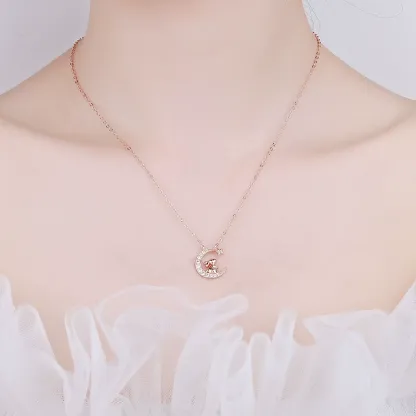 INS3120-Ornaland Chinese Zodiac Necklace 925 Sterling Silver Rose Gold Pendant Charm Necklace Zircon Moon and Star Necklace Cute Animal Jewelry Gifts for Women