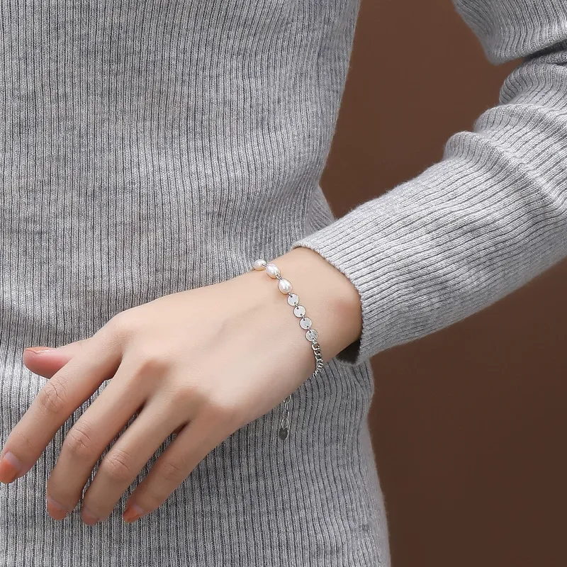 INS4089-Baroque Pearls Imitation Pearl Bracelet Vintage 18K Gold Plated Sterling Silver Bracelet with Drawn Elongated Cable Chains for Women