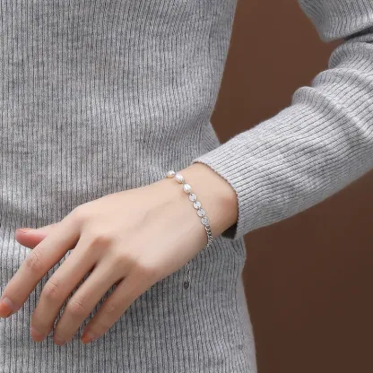 INS4089-Baroque Pearls Imitation Pearl Bracelet Vintage 18K Gold Plated Sterling Silver Bracelet with Drawn Elongated Cable Chains for Women