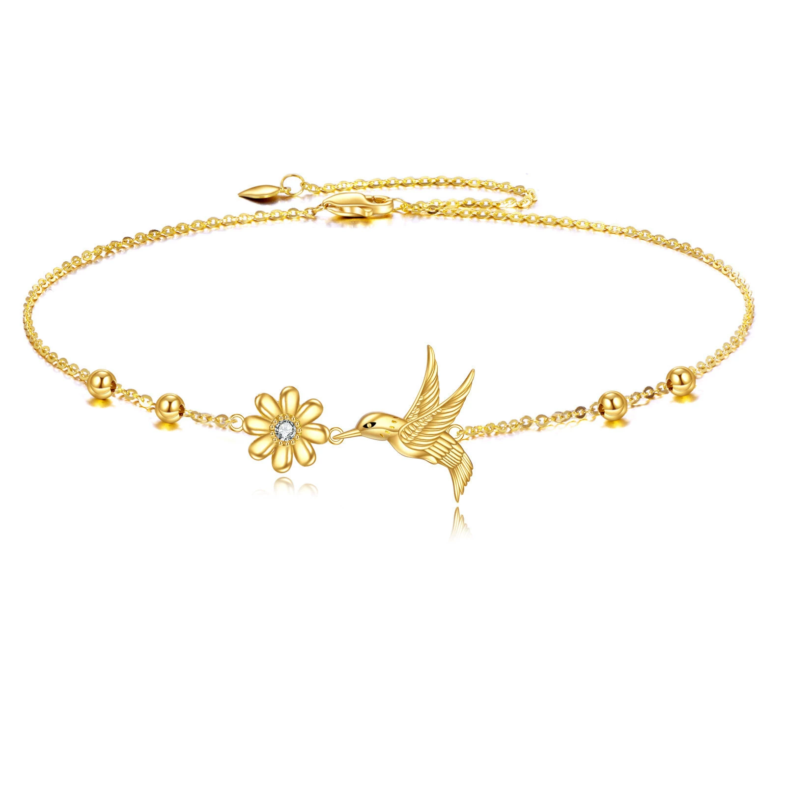 INS4106-KQF 9K Solid Gold Hummingbird Bracelet Real Gold Zirconia Flower Bracelet Jewelry Gifts for Women