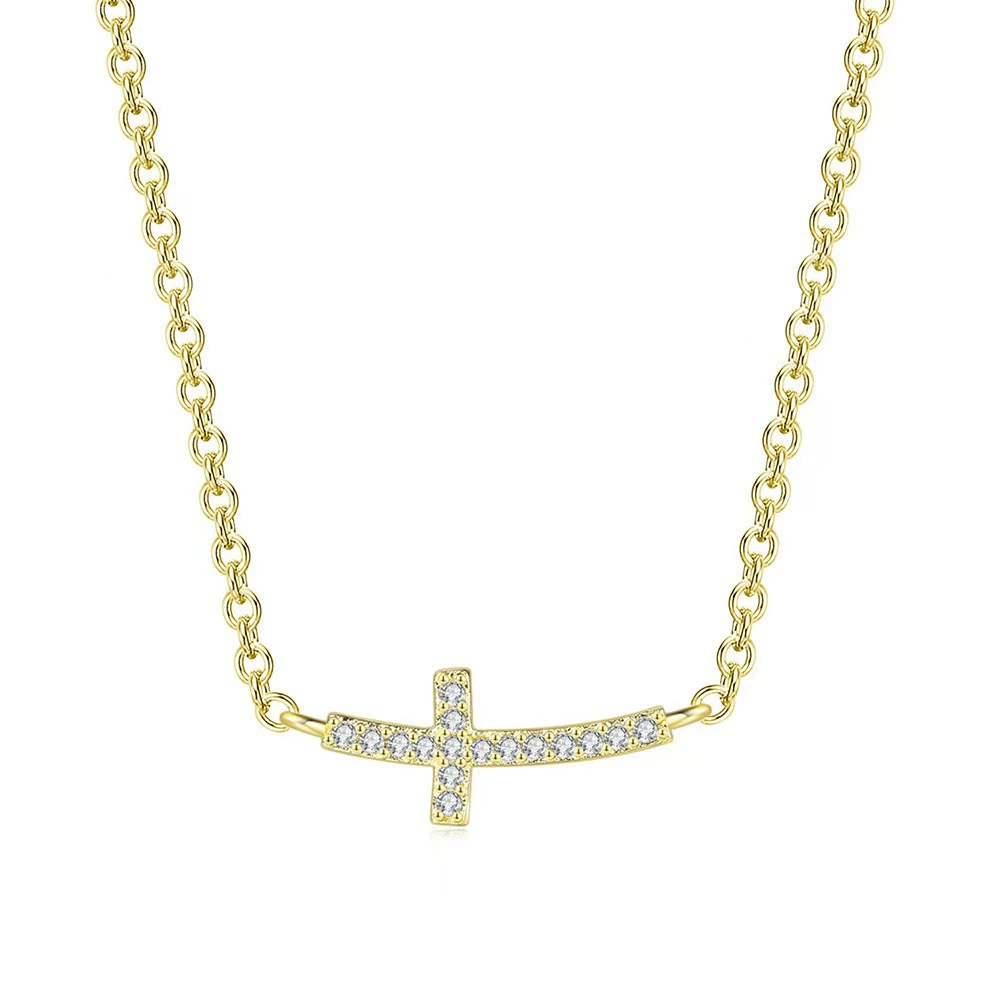 INS3219-Gelin Diamond Curved Cross Necklace in 14K Solid Gold | 14k Gold Curved Cross Necklace for Women