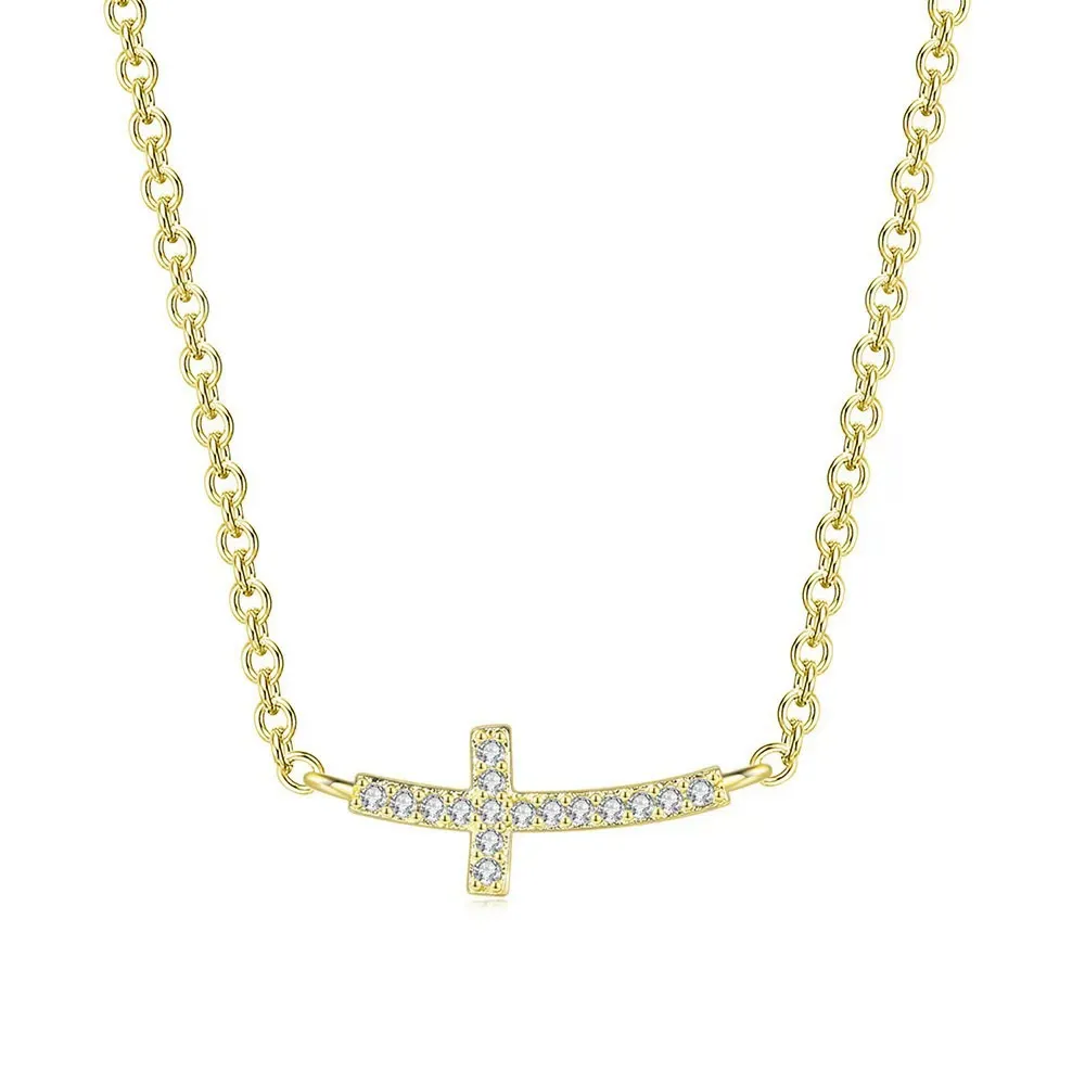 INS3219-Gelin Diamond Curved Cross Necklace in 14K Solid Gold | 14k Gold Curved Cross Necklace for Women