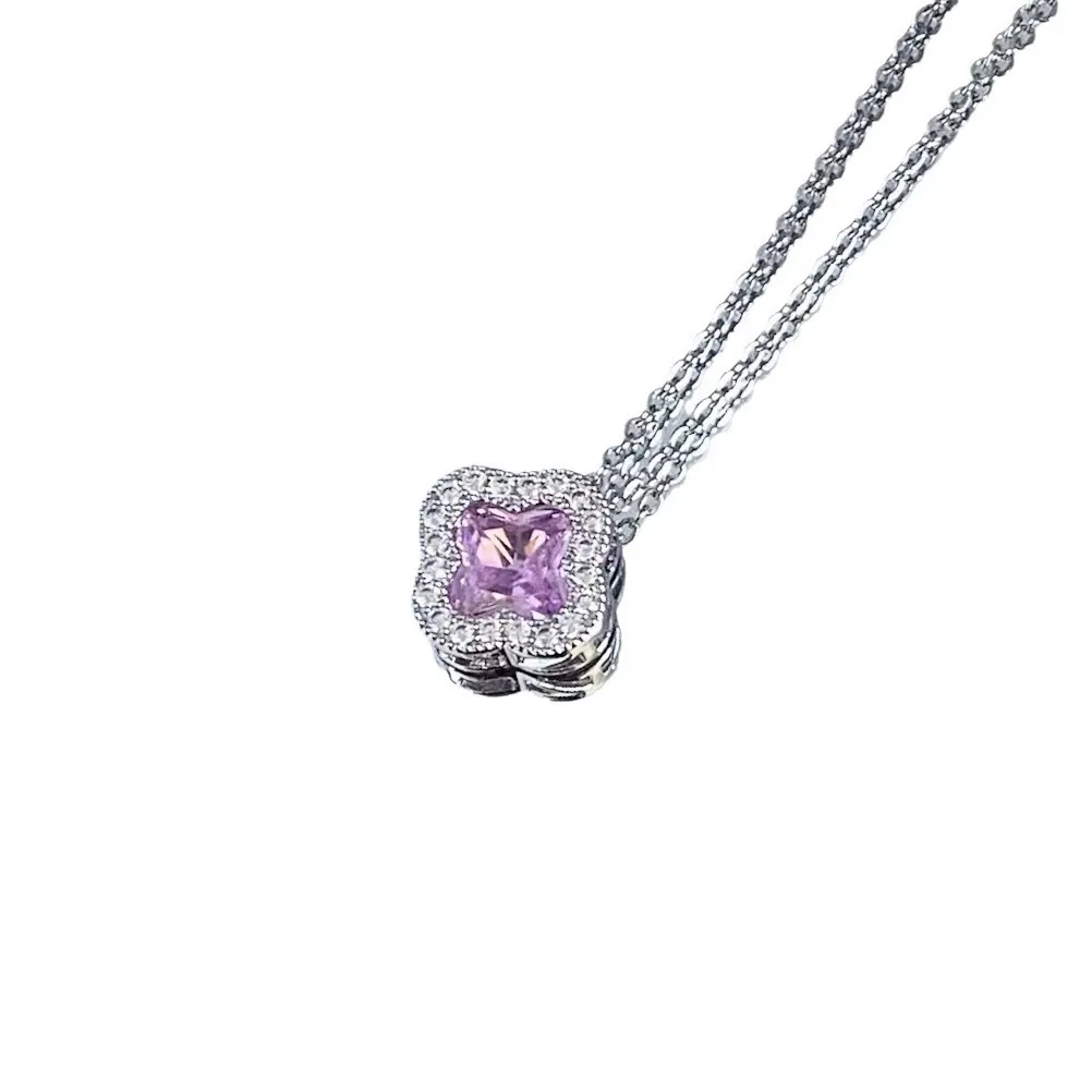 INS3223-Pink Zircon Main Around Chain Necklace 925 Sterling Silver Flower Pendant Jewelry For Women Anniversaries