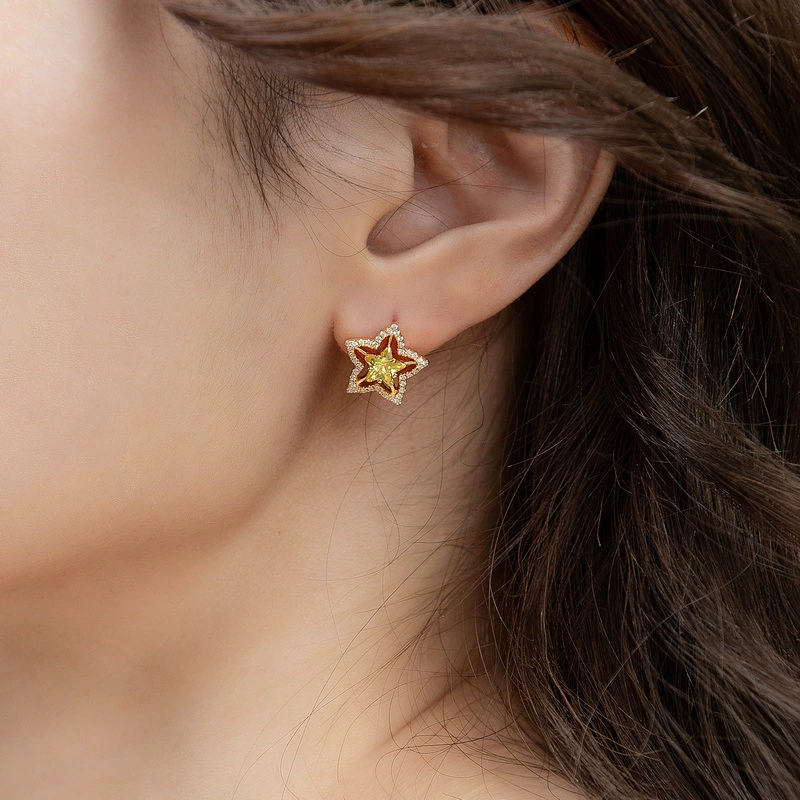 INS2161-Gold large Star Stud Earrings for Women with Cubic Zirconia, Star Jewelry Chunky Design Y2k Style