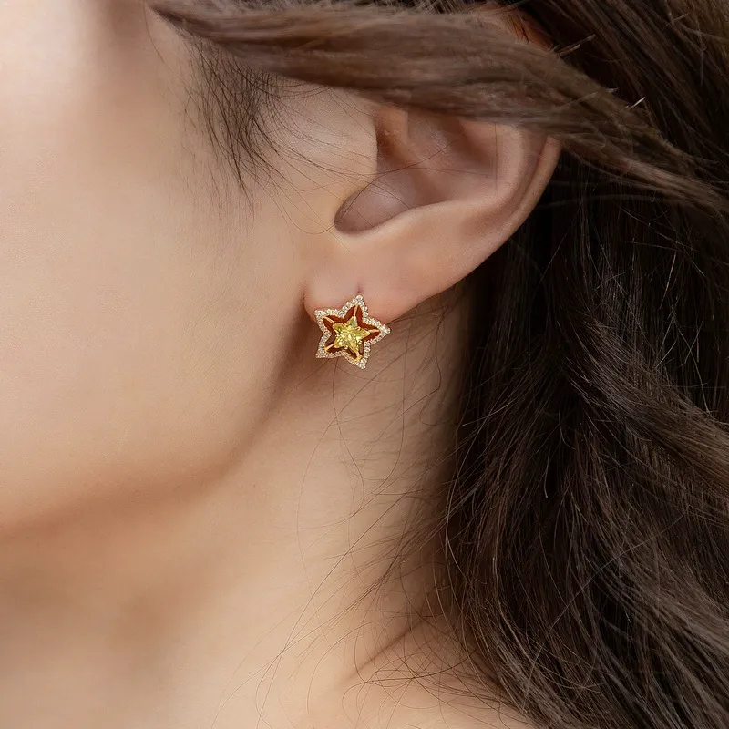 INS2161-Gold large Star Stud Earrings for Women with Cubic Zirconia, Star Jewelry Chunky Design Y2k Style