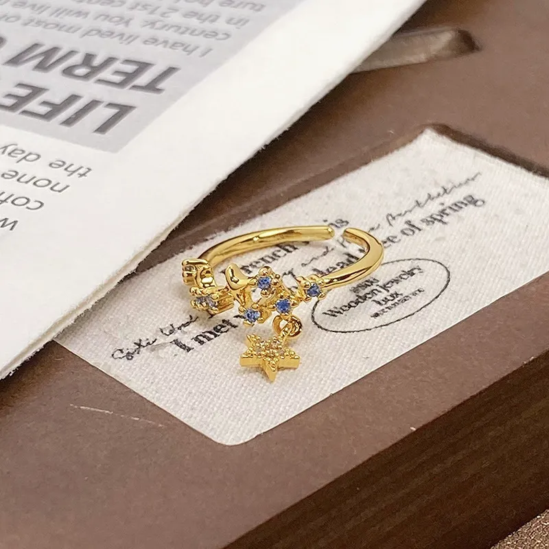 INS1213-Dainty CZ Dangle Star chain Ring S925 Sterling Silver for Women Cubic Zirconia diamond Adjustable Statement Wedding Engagement Anniversary Rings Eternity Finger Band Dainty Jewelry Gifts for Her BFF