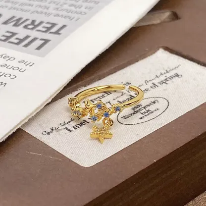 INS1213-Dainty CZ Dangle Star chain Ring S925 Sterling Silver for Women Cubic Zirconia diamond Adjustable Statement Wedding Engagement Anniversary Rings Eternity Finger Band Dainty Jewelry Gifts for Her BFF