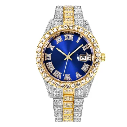 W-1018-Women's Watches Éurópéans and American Alloy Big Rhinestone Diamond Men's Watch Roman Scale Calendar Gold Green Full Diamond Watch
