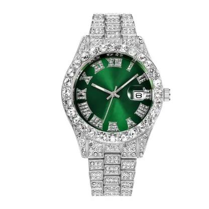 W-1018-Women's Watches Éurópéans and American Alloy Big Rhinestone Diamond Men's Watch Roman Scale Calendar Gold Green Full Diamond Watch
