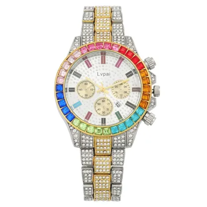 W-2052-Apzzic Iced Out Colorful Full Diamond Watch CZ Gold Plated Fashion Quartz Analog Band Bracelet Wrist Watch for Men Women