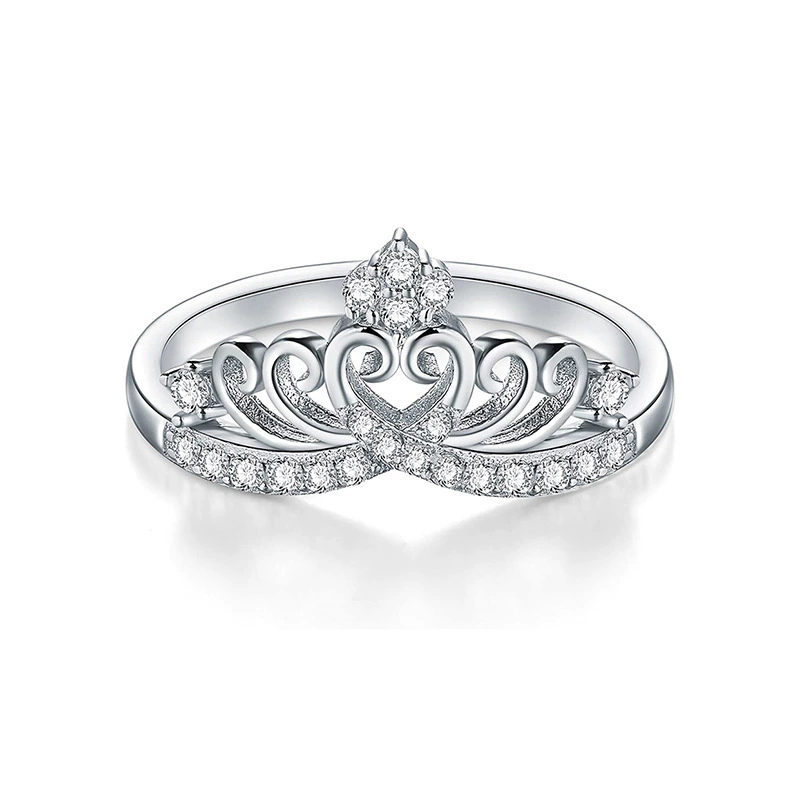 INS1030-BoRuo Princess Crown Tiara Wedding CZ Band - Premium Crown Rings For Women - Cubic Zirconia Ring - Sterling Silver Rings - Rings For Women With Platinum Plating Over Sterling Silver - 2mm 925 Silver Ring With Eco Friendly Bag Size 4-12