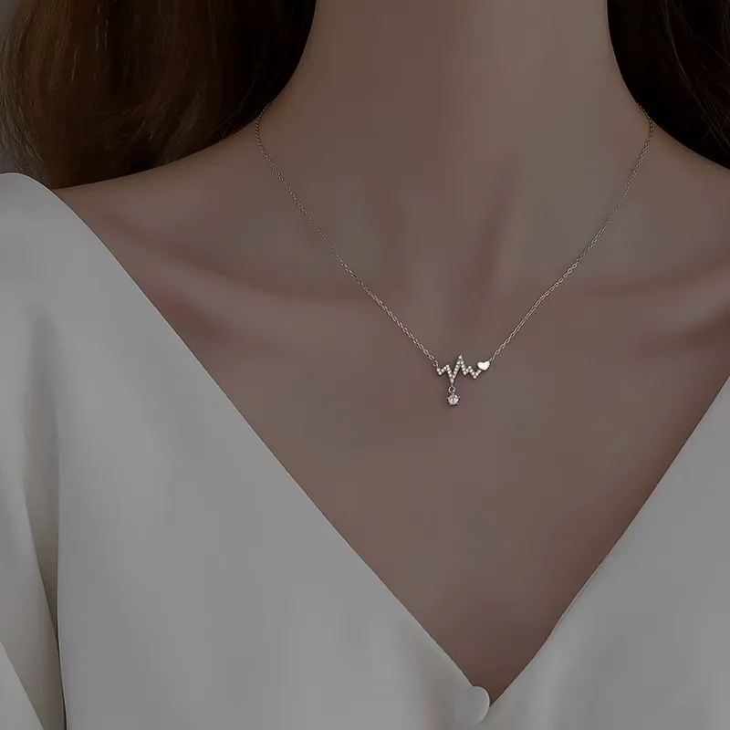 INS3263-Personality S925 Sterling Silver Necklace ECG Diamond Women Clavicle Chain Fashion Korean Style/Rose Gold/As Shown