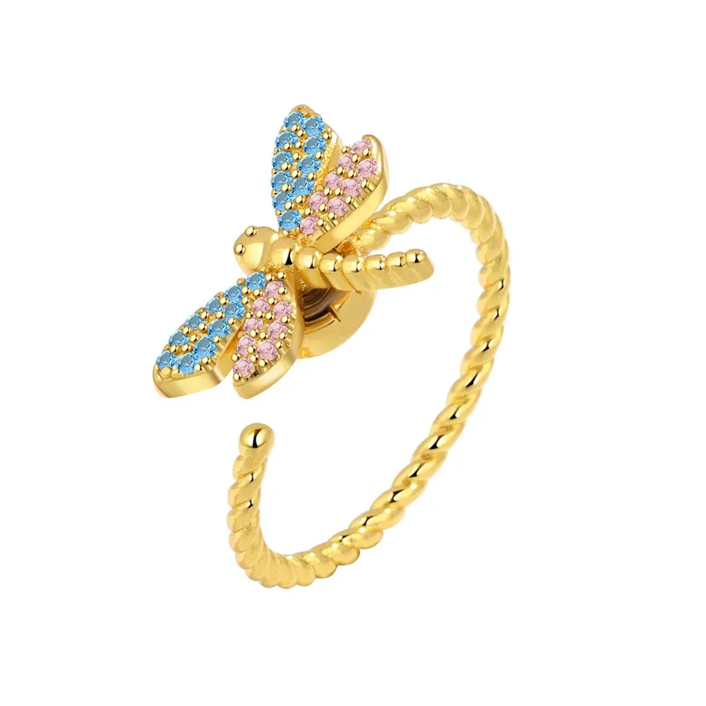 INS1188-Cute Dragonfly Spinner Fidget Ring for Women Fashion Chic Statement Crystal Cubic Zirconia Pink Blue Anxiety Rotate Freely Inspirations Jewelry Adjustable Stacking Ring Dainty Engagement Gift Birthday