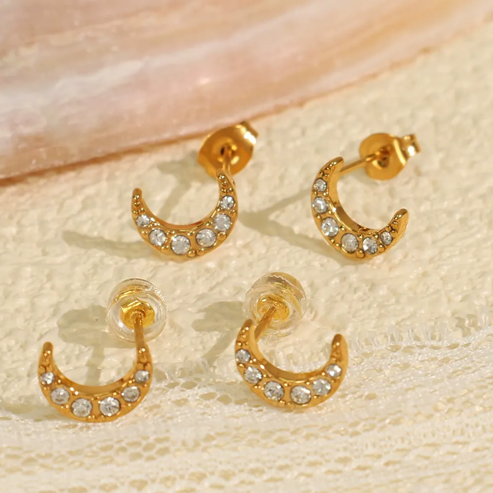INS2095-Cubic Zirconia Moon Crescent Star Stud Earrings for Women Girls 925 Sterling Silver Hypoallergenic Dainty Cute Cartilage Helix Earrings Lightweight for Sensitive Ears