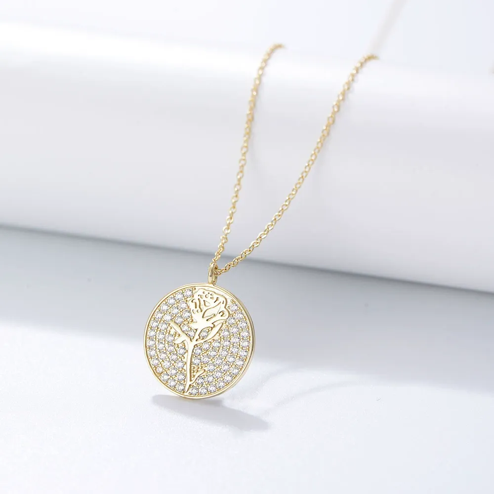 INS3279-New 2026 Gold Color Stainless Steel Flower Zirconia Necklace For Women Classic Round Pendant Necklace Hers Party Jewelry Accessories