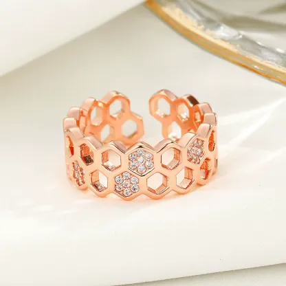 INS1080-OIDIMS Cubic Zirconia Bee Honeycomb Ring Open Engagement Statement Wedding Stacking Finger Rings Adjustable Fashion Diamond Crystal Unique Thumb Ring Cute Jewelry for Women Men
