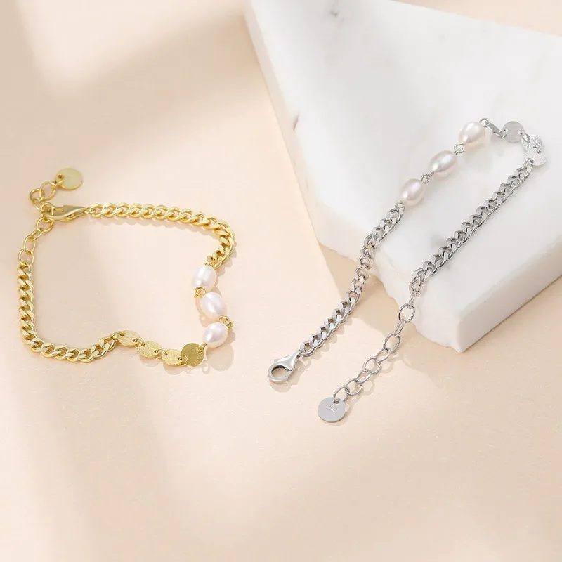 INS4089-Baroque Pearls Imitation Pearl Bracelet Vintage 18K Gold Plated Sterling Silver Bracelet with Drawn Elongated Cable Chains for Women