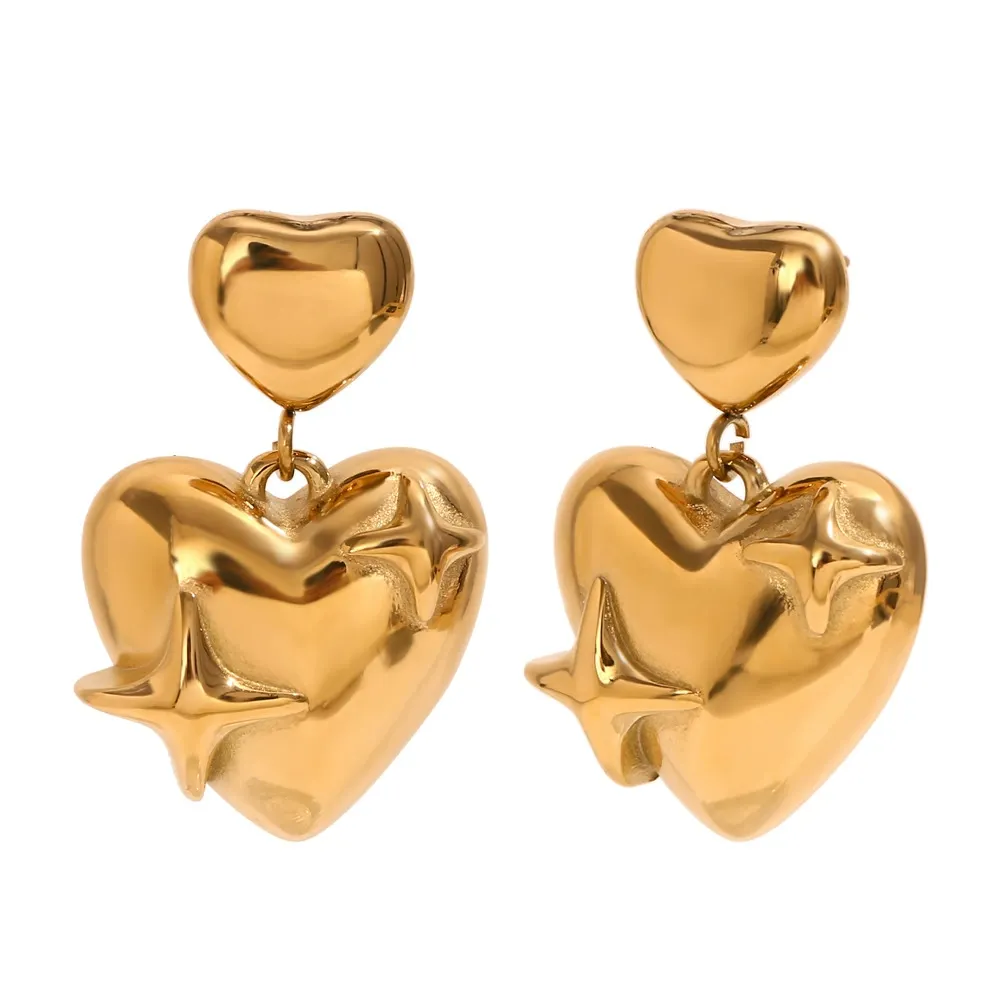 INS2087-Gold Heart Drop Earrings for Women,Double Heart Statement Dangle Earrings Huggie Earrings Hypoallergenic Jewelry Gift