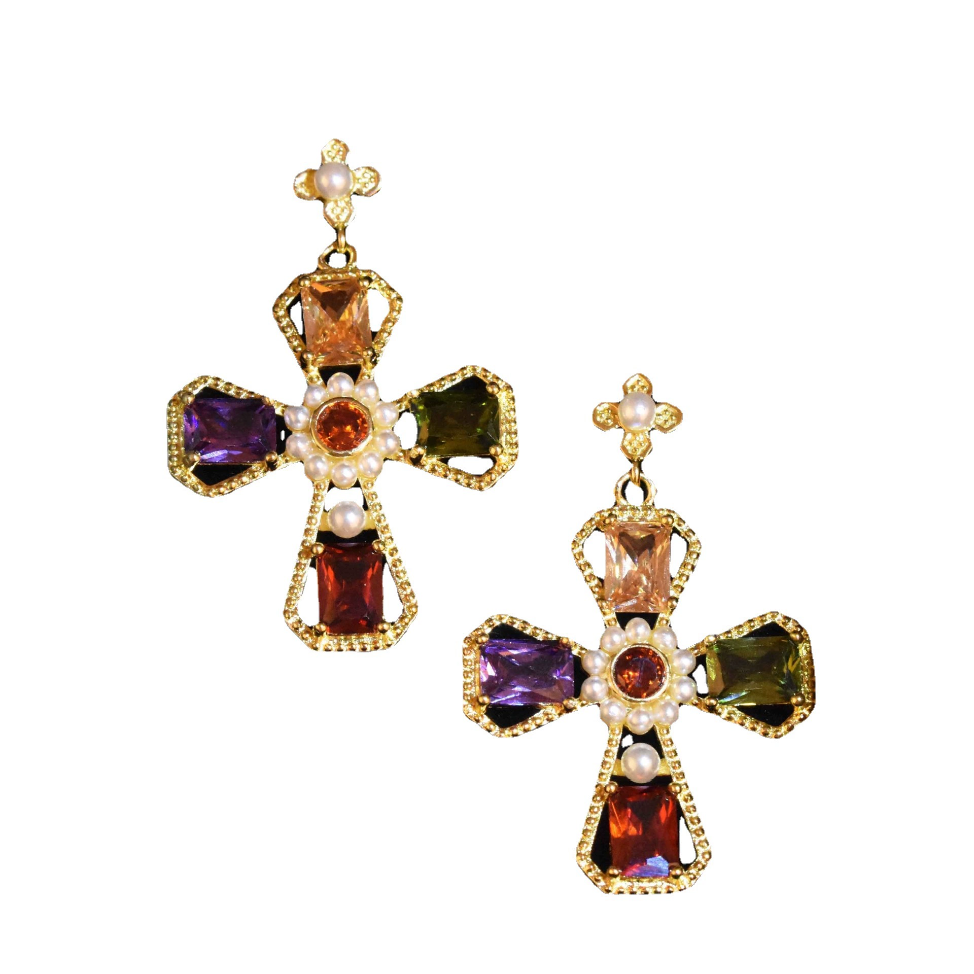INS2096-Colorful Crystal Cross Dangle Stud Earrings for Women CZ Rhinestone Pearl Dangling Charm Drop Earrings Statement Studs Boho Fashion Jewelry