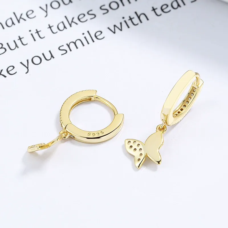 INS2183-Cute Butterfly Small CZ Cartilage Cuff Hoop Earrings With Tiny Charm Dangle Drop for Women S925 Sterling Silver Dainty Fashion Huggie Hoops Fashion Elegant Jewelry for Daughter Sister Bff