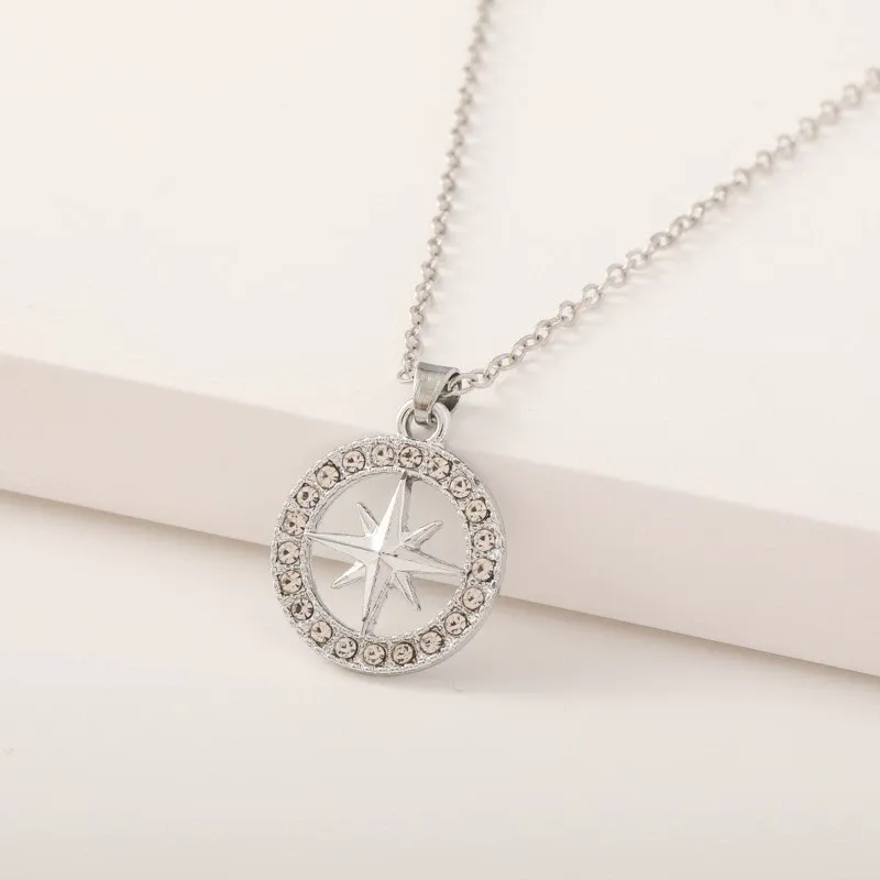 INS3097-SKZ Compass Necklace Pendant Jewelry Stray Inspired Merch Cubic Zirconia 18K Gold Plated for Stay Fans Gifts