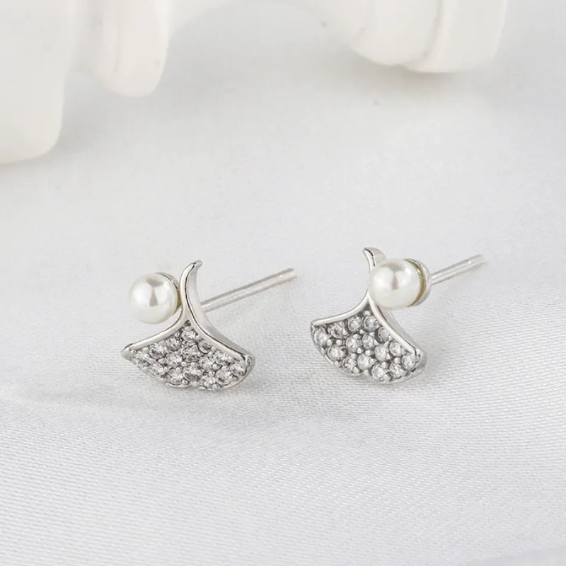 INS2284-Pearl Ginkgo Biloba Brooch Pin for Women Shiny Rhinestone Leaf Lapel Pins Dainty Pearls Leaves Badge Corsage Dress Coat Scarf Clip Shawl Buckle Wedding Jewelry