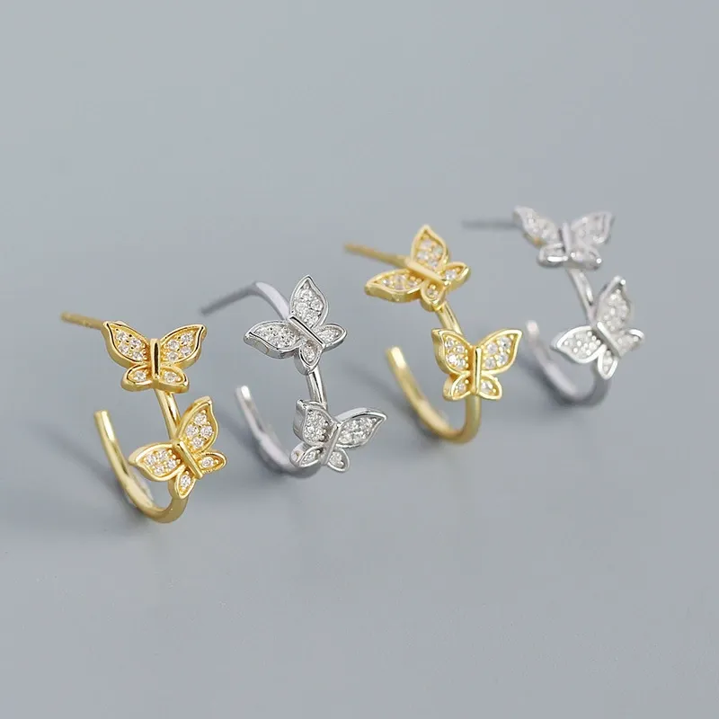 INS2001-Double CZ Butterfly Dangle Hoop Earrings for Women Girls 14K Gold-Toned Cubic Zirconia Big Gold Hoops Click Top Lever-back Clasp Earring Dainty Huggie Jewelry for Wedding Party Prom
