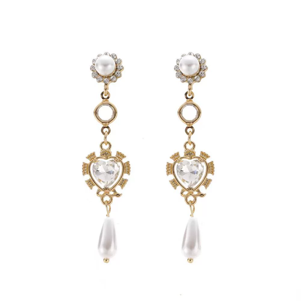 INS2432-Dainty 14K Gold Long Sparkly Crystal Love Heart Pearl Dangle Drop Earrings For Women Wedding Bride